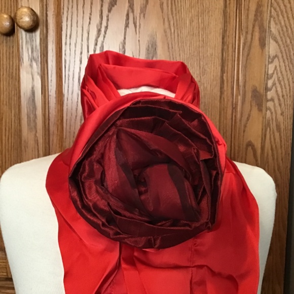 NWT Katherine’s Collection Red Satin scarf w/removable flower accent, 64” long - Picture 2 of 13